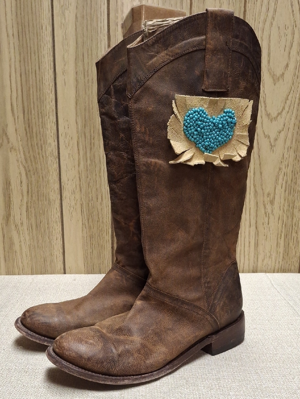 Stetson Brown Over-The-Knee Leather Boots with Turquoise Heart Accent Size 10